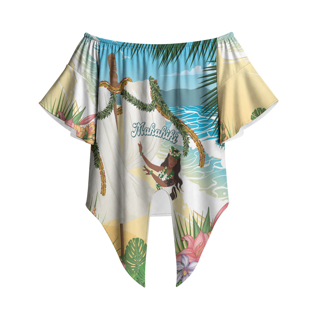 Aloha Hawaii Makahiki Hula Dance Off Shoulder Wrap Waist Top Beach Scenery