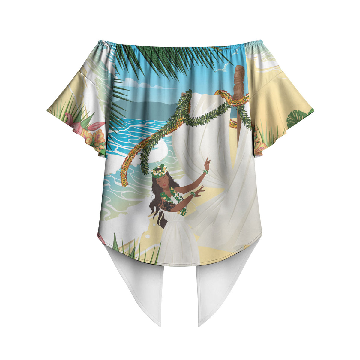 Aloha Hawaii Makahiki Hula Dance Off Shoulder Wrap Waist Top Beach Scenery