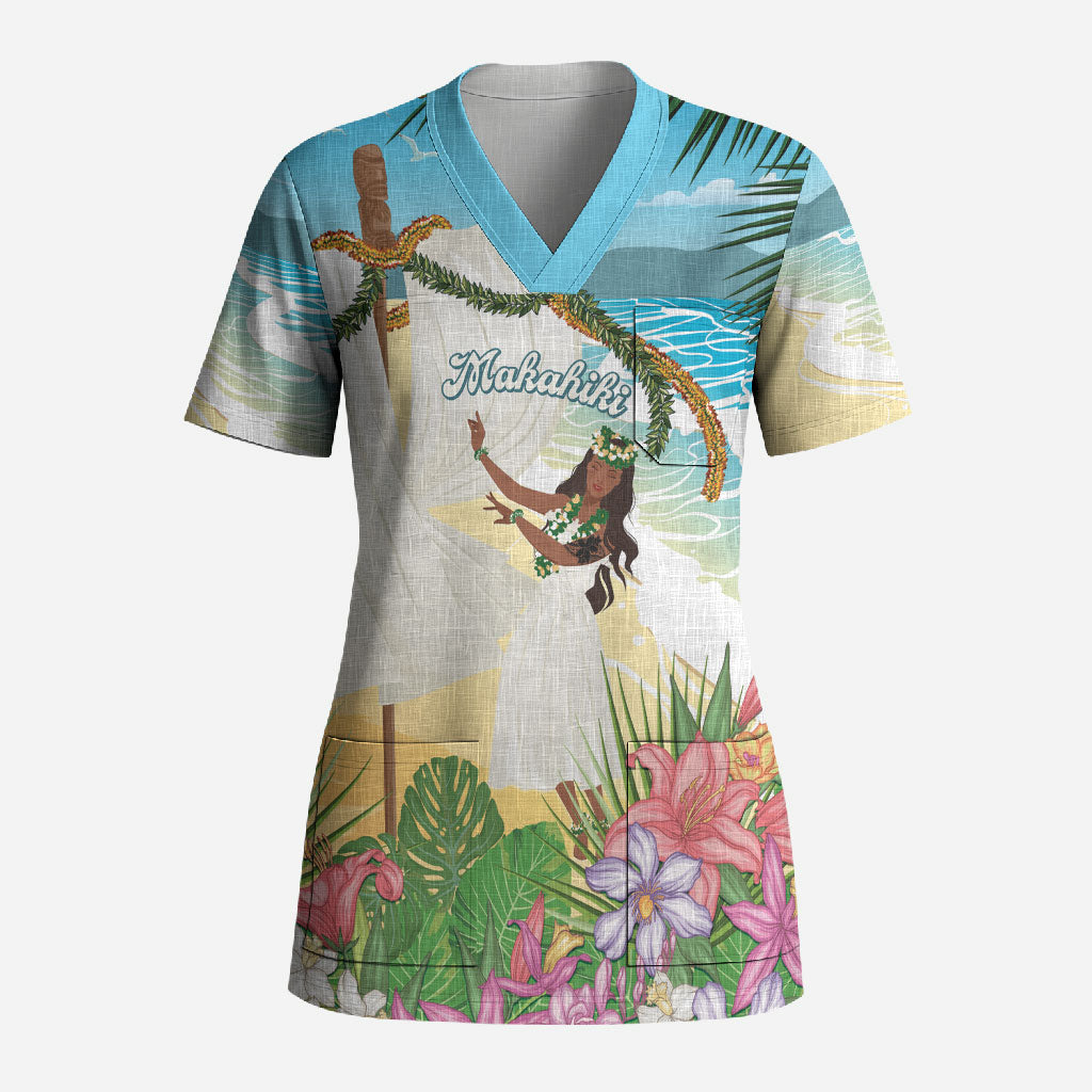 Aloha Hawaii Makahiki Hula Dance Scrub Top Beach Scenery LT7 Adult Multicolor - Polynesian Pride