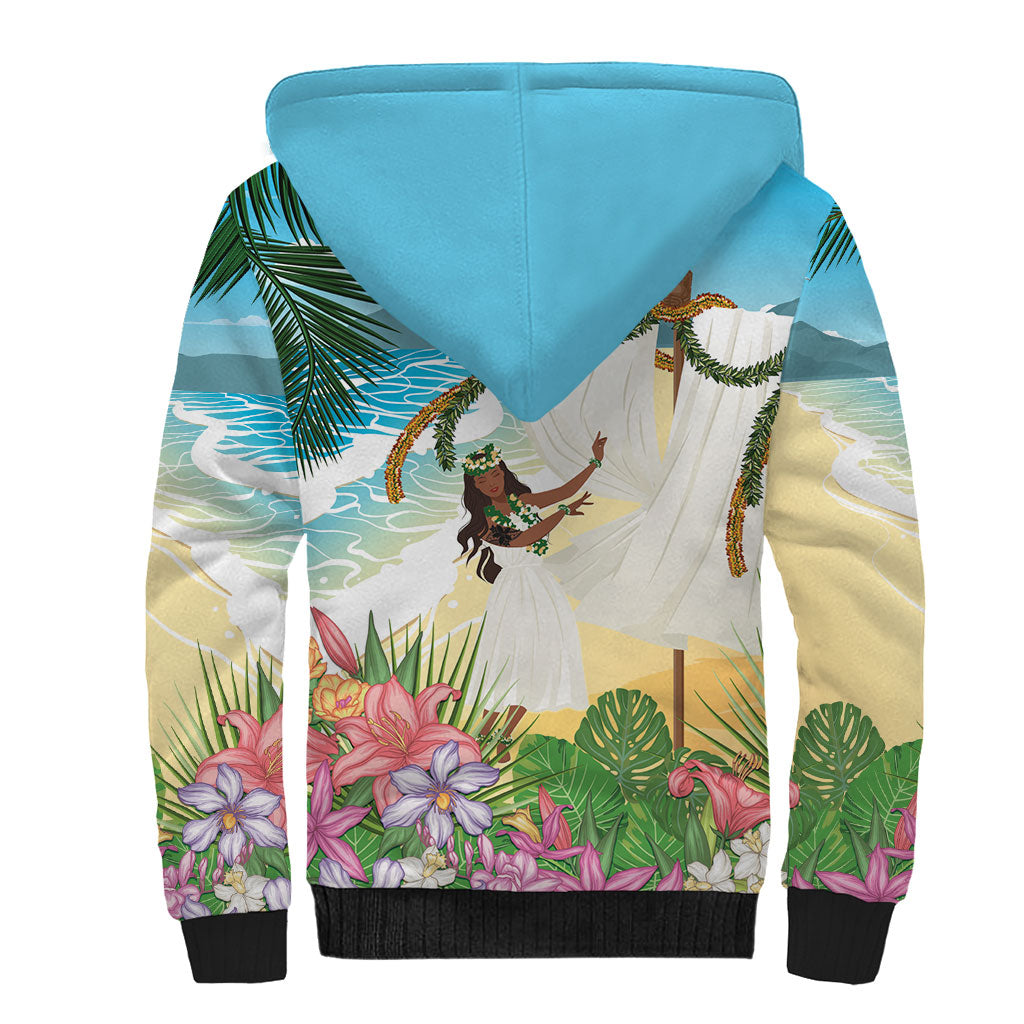 Aloha Hawaii Makahiki Hula Dance Sherpa Hoodie Beach Scenery