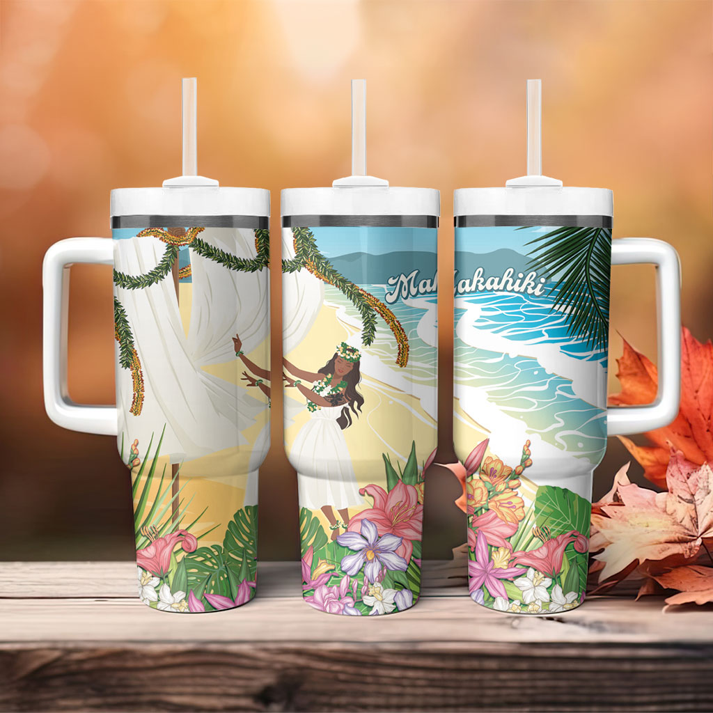 Aloha Hawaii Makahiki Hula Dance Tumbler With Handle Beach Scenery