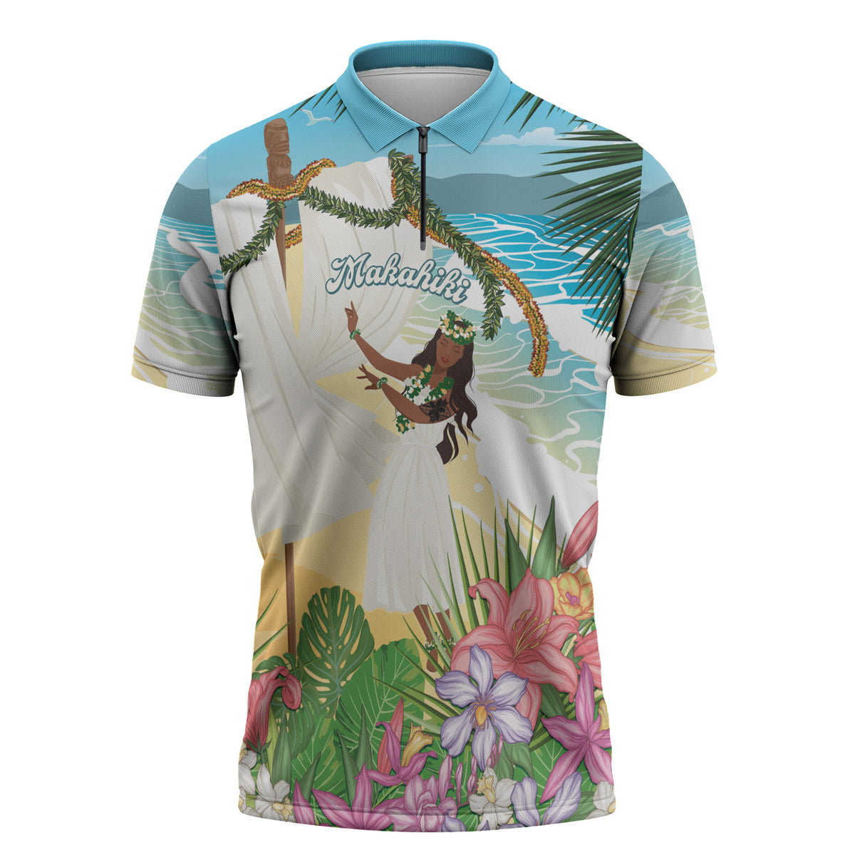 Aloha Hawaii Makahiki Hula Dance Zipper Polo Shirt Beach Scenery