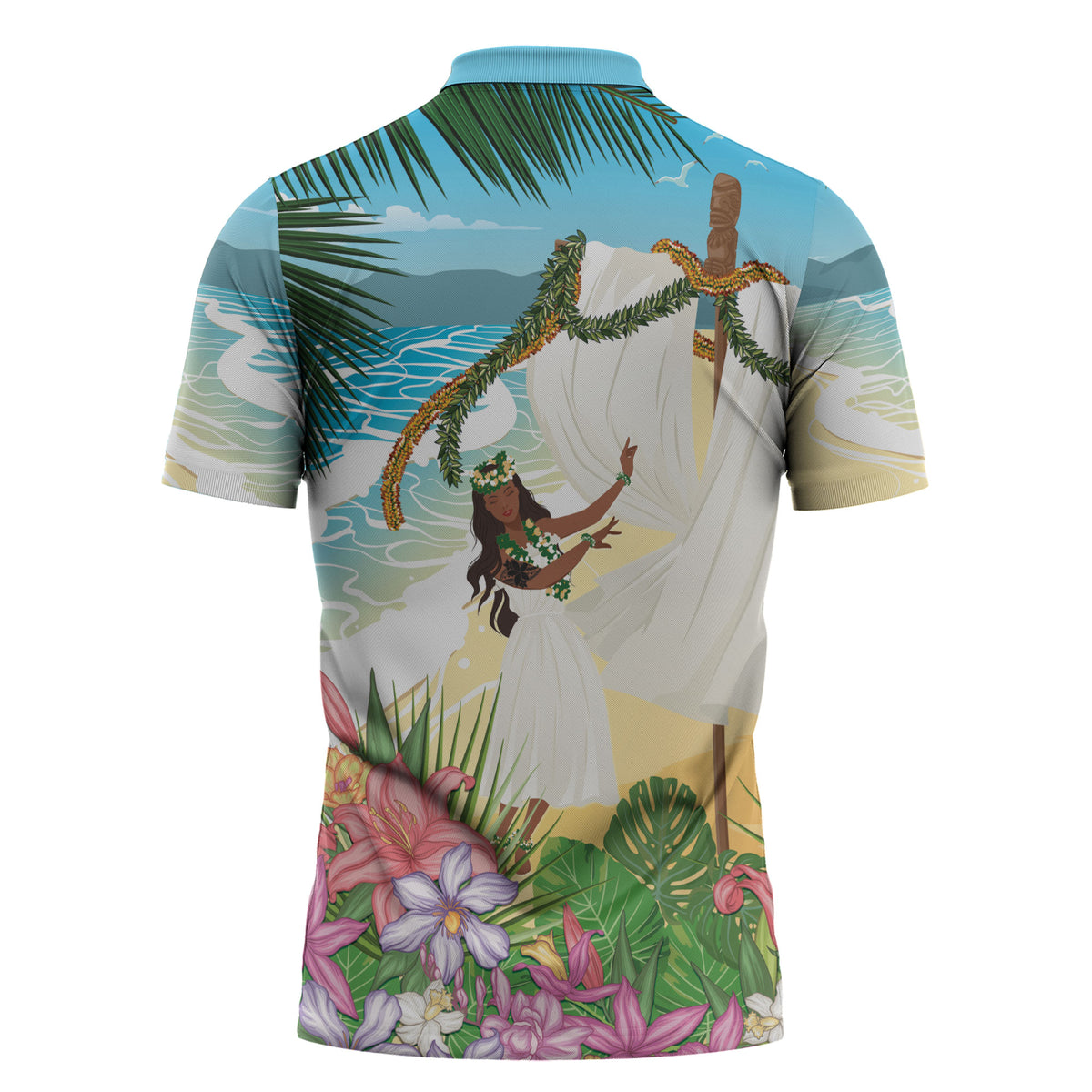 Aloha Hawaii Makahiki Hula Dance Zipper Polo Shirt Beach Scenery
