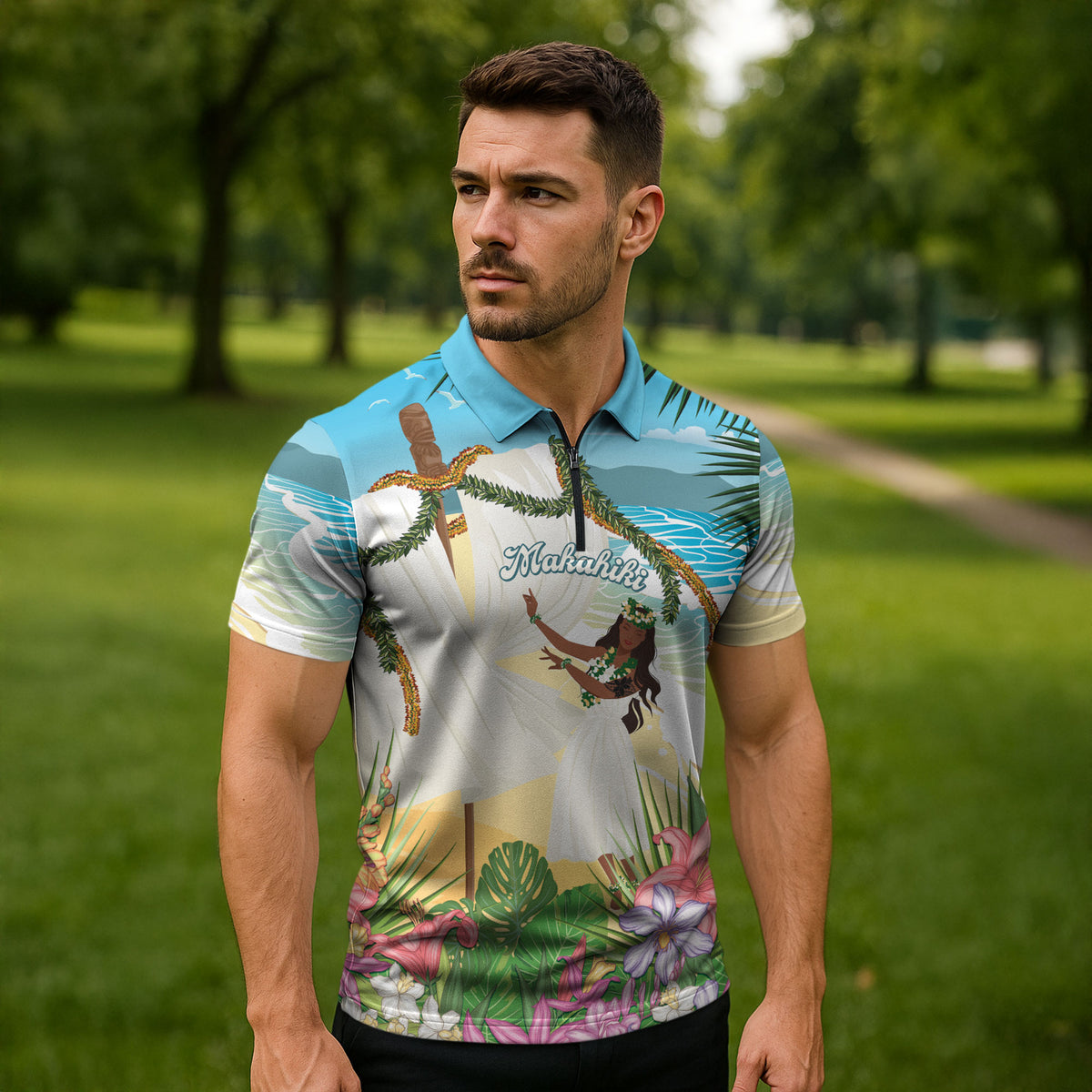 Aloha Hawaii Makahiki Hula Dance Zipper Polo Shirt Beach Scenery