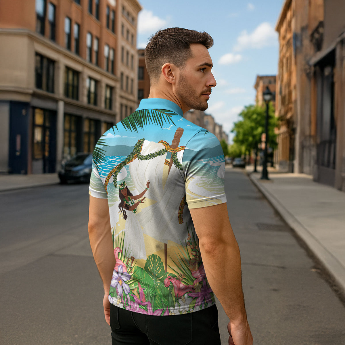 Aloha Hawaii Makahiki Hula Dance Zipper Polo Shirt Beach Scenery