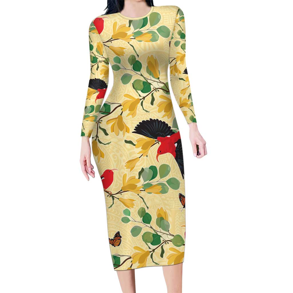 Aloha Hawaii Long Sleeve Bodycon Dress I'iwi on Mamane Pastel Cream LT7 Long Dress Light Yellow - Polynesian Pride