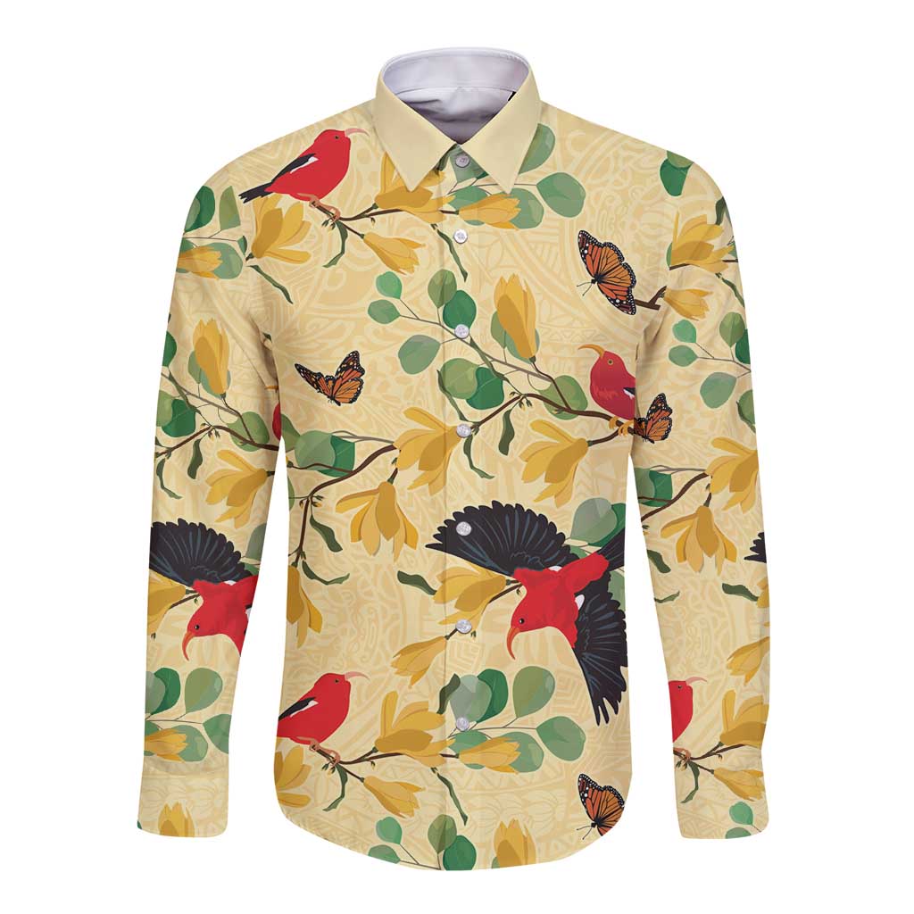 Aloha Hawaii Long Sleeve Button Shirt I'iwi on Mamane Pastel Cream LT7 Unisex Light Yellow - Polynesian Pride