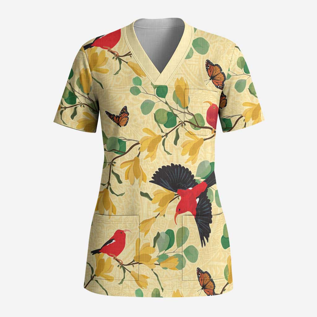 Aloha Hawaii Scrub Top I'iwi on Mamane Pastel Cream LT7 Adult Light Yellow - Polynesian Pride