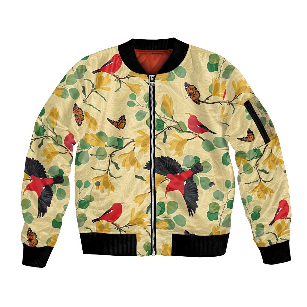 Aloha Hawaii Sleeve Zip Bomber Jacket I'iwi on Mamane Pastel Cream LT7 Unisex Light Yellow - Polynesian Pride