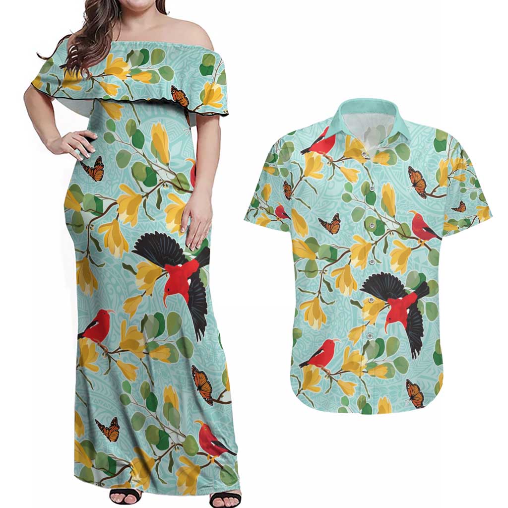 Aloha Hawaii Couples Matching Off Shoulder Maxi Dress and Hawaiian Shirt I'iwi on Mamane Pastel Turquoise