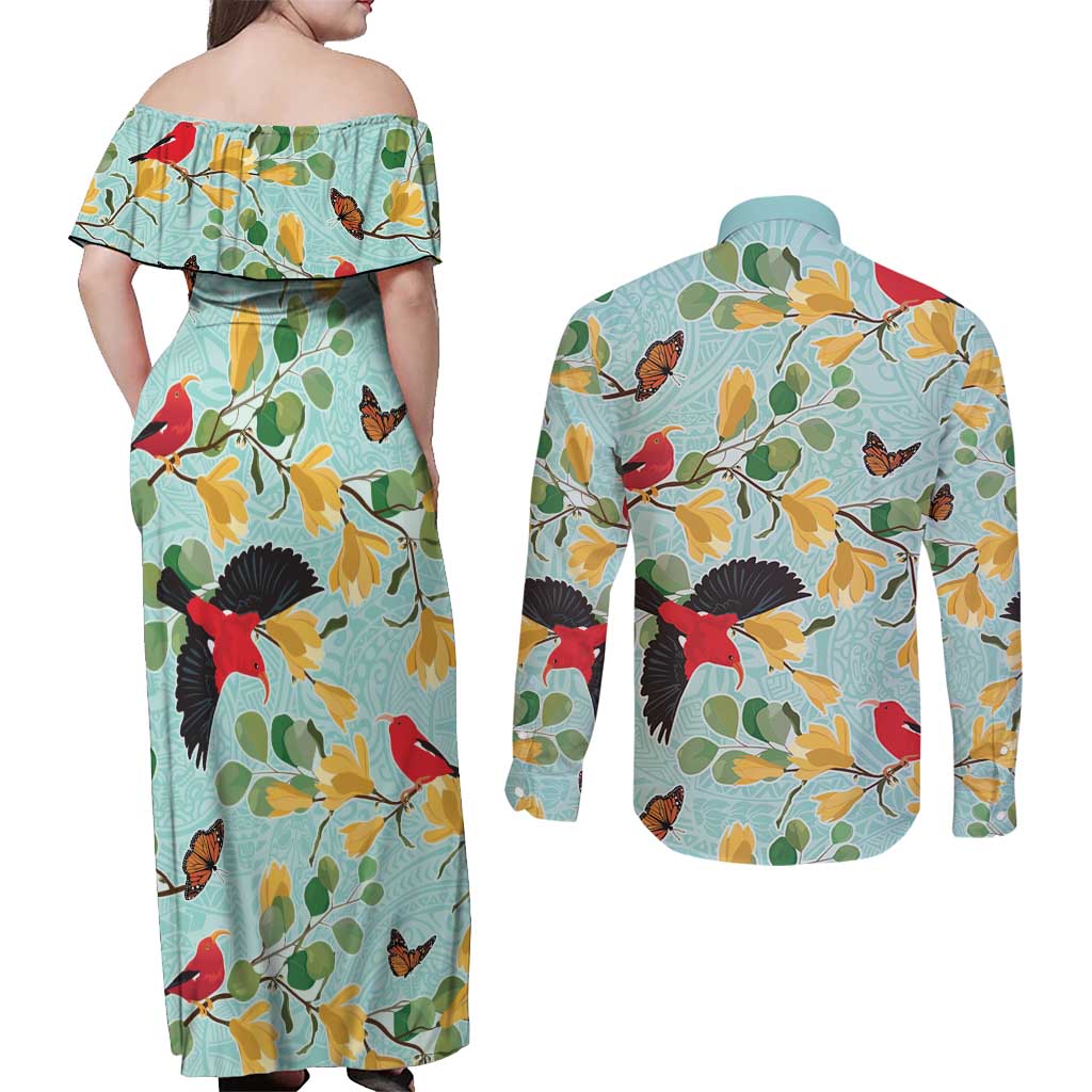 Aloha Hawaii Couples Matching Off Shoulder Maxi Dress and Long Sleeve Button Shirt I'iwi on Mamane Pastel Turquoise LT7 - Polynesian Pride