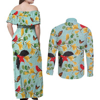 Aloha Hawaii Couples Matching Off Shoulder Maxi Dress and Long Sleeve Button Shirt I'iwi on Mamane Pastel Turquoise LT7 - Polynesian Pride