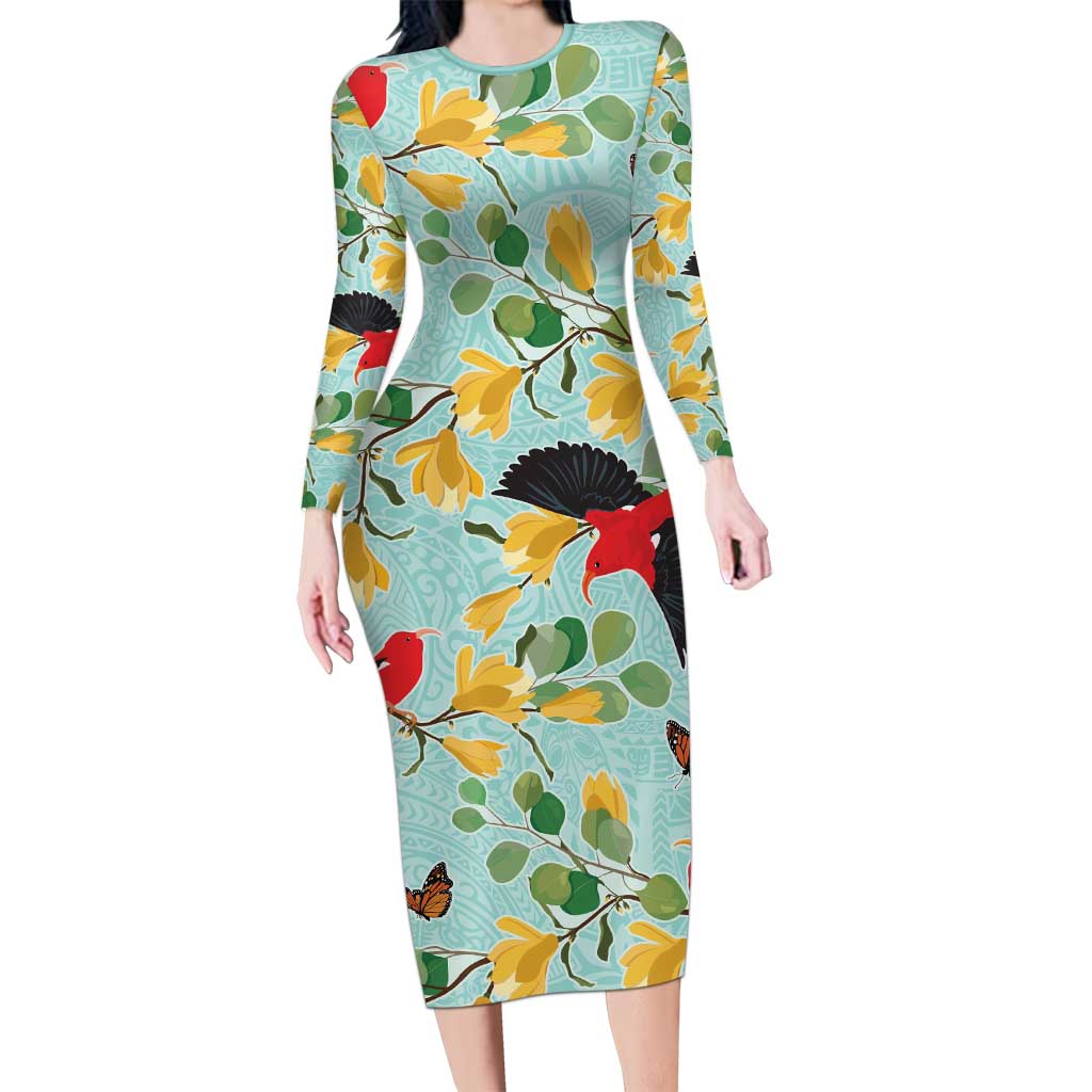 Aloha Hawaii Long Sleeve Bodycon Dress I'iwi on Mamane Pastel Turquoise LT7 Long Dress Turquoise - Polynesian Pride