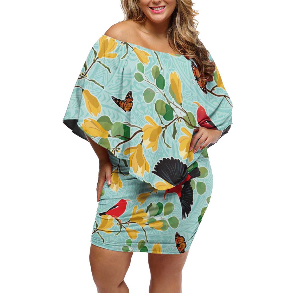 Aloha Hawaii Off Shoulder Short Dress I'iwi on Mamane Pastel Turquoise LT7 Women Turquoise - Polynesian Pride