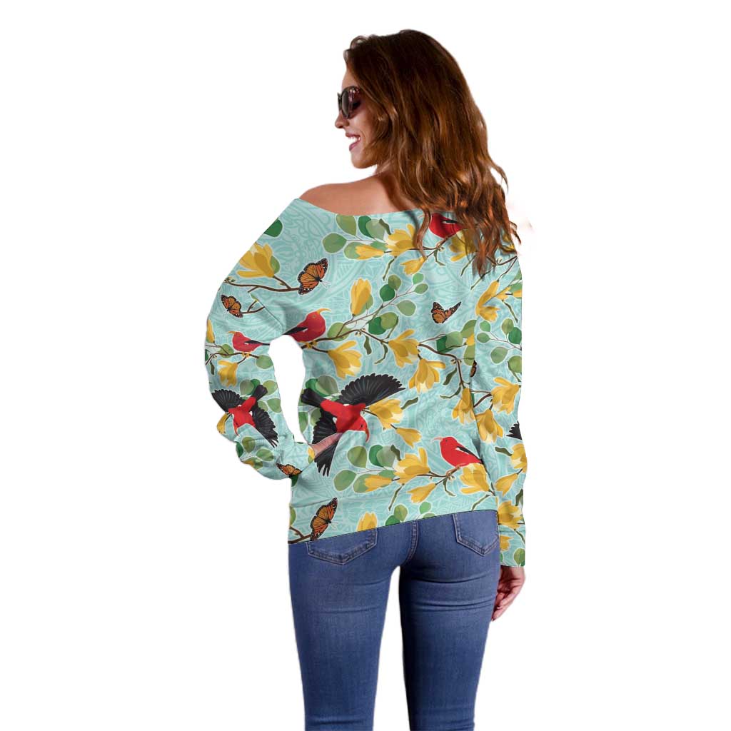 Aloha Hawaii Off Shoulder Sweater I'iwi on Mamane Pastel Turquoise LT7 - Polynesian Pride