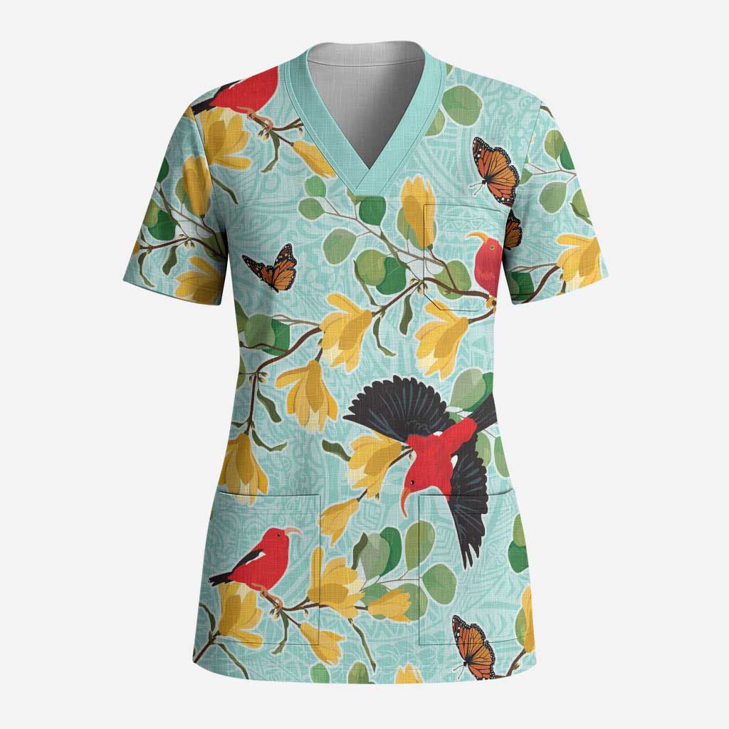 Aloha Hawaii Scrub Top I'iwi on Mamane Pastel Turquoise LT7 Adult Turquoise - Polynesian Pride