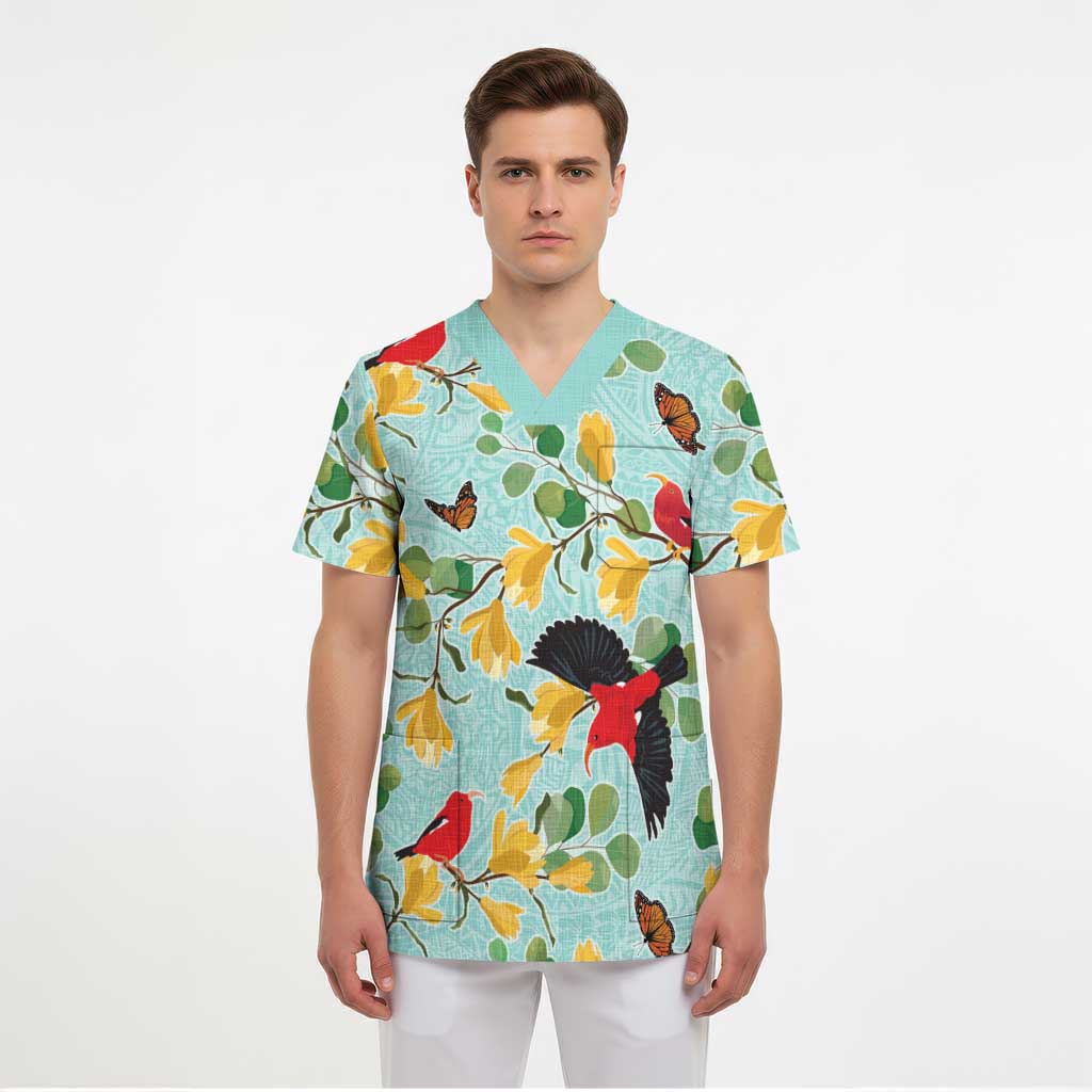 Aloha Hawaii Scrub Top I'iwi on Mamane Pastel Turquoise LT7 - Polynesian Pride