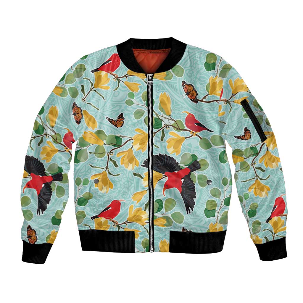 Aloha Hawaii Sleeve Zip Bomber Jacket I'iwi on Mamane Pastel Turquoise LT7 Unisex Turquoise - Polynesian Pride