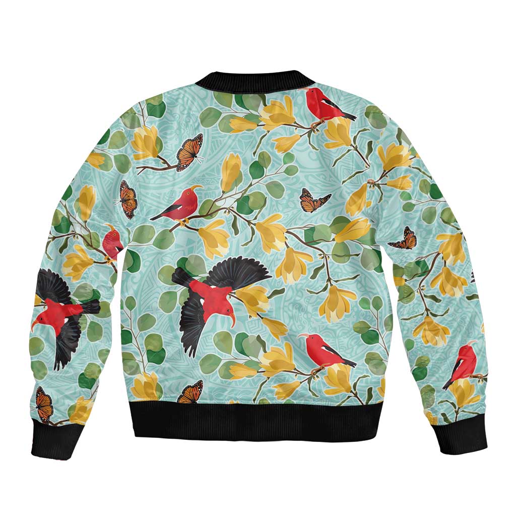Aloha Hawaii Sleeve Zip Bomber Jacket I'iwi on Mamane Pastel Turquoise LT7 - Polynesian Pride