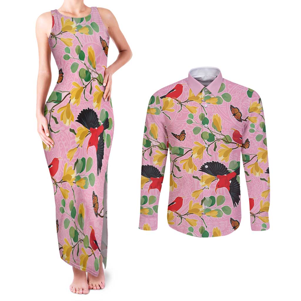 Aloha Hawaii Couples Matching Tank Maxi Dress and Long Sleeve Button Shirt I'iwi on Mamane Pastel Pink LT7 Pink - Polynesian Pride
