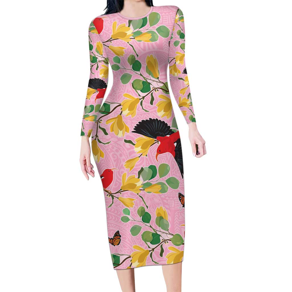 Aloha Hawaii Long Sleeve Bodycon Dress I'iwi on Mamane Pastel Pink LT7 Long Dress Pink - Polynesian Pride