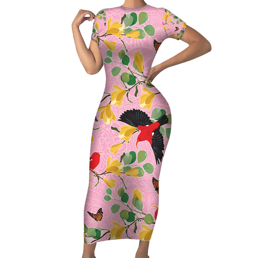 Aloha Hawaii Short Sleeve Bodycon Dress I'iwi on Mamane Pastel Pink LT7 Long Dress Pink - Polynesian Pride