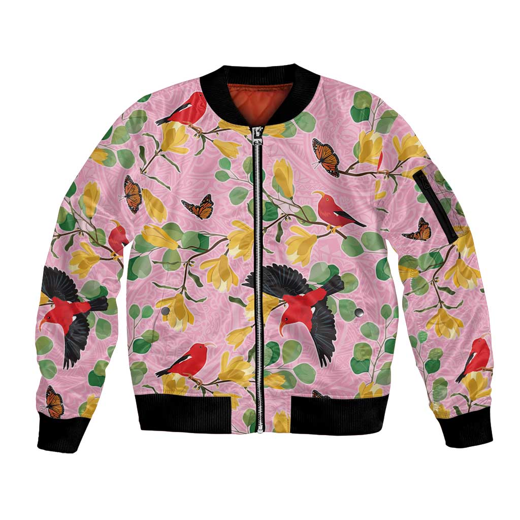 Aloha Hawaii Sleeve Zip Bomber Jacket I'iwi on Mamane Pastel Pink LT7 Unisex Pink - Polynesian Pride