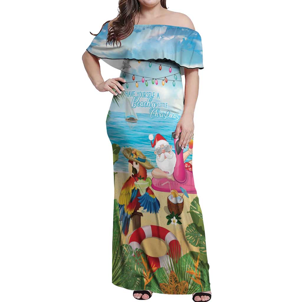 Have Yourself A Beachy Little Christmas Off Shoulder Maxi Dress with Santa Chilling LT7 Women Colorful - Polynesian Pride