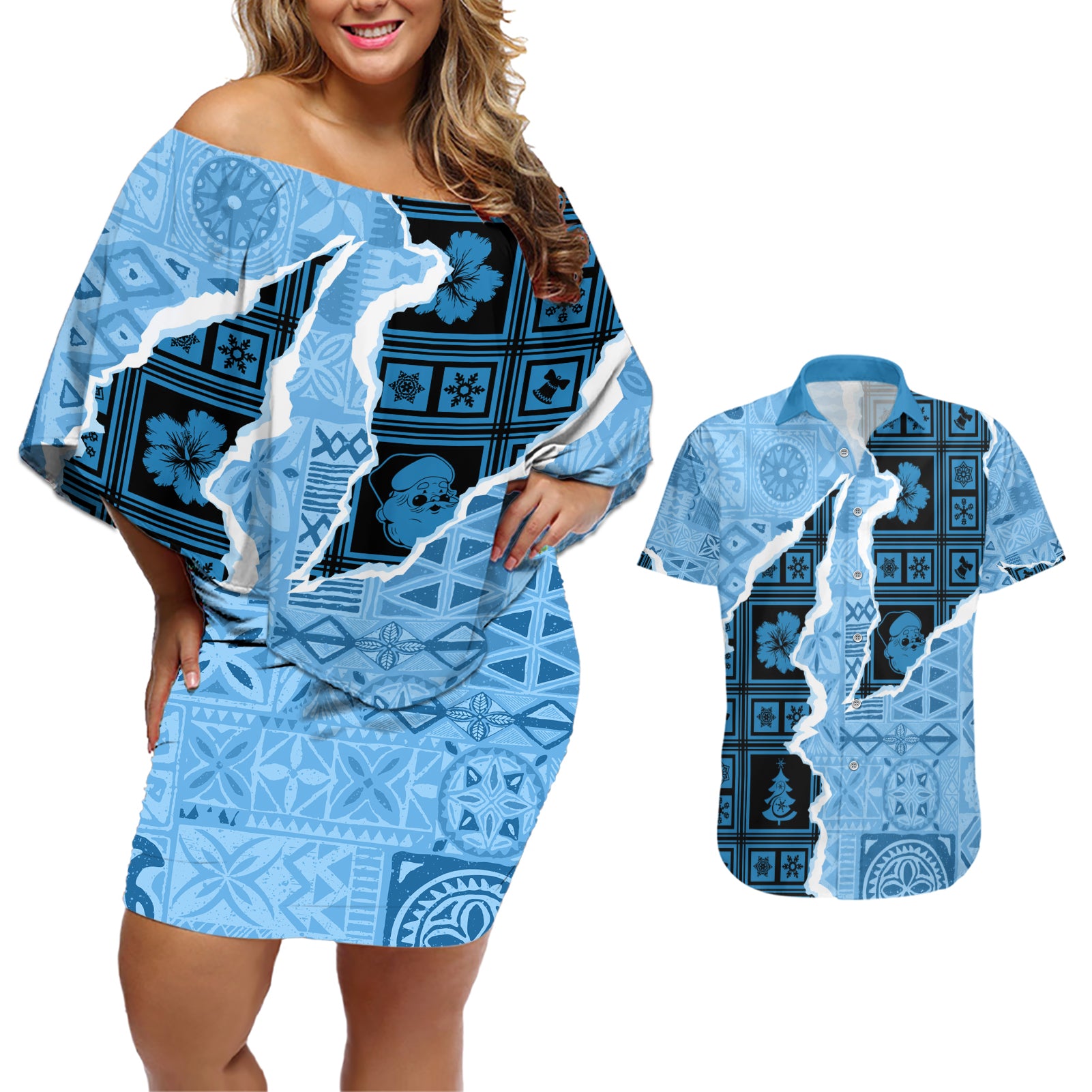 Bula Fiji Tapa Mix Christmas Couples Matching Off Shoulder Short Dress and Hawaiian Shirt Vintage Style LT7 Turquoise - Polynesian Pride