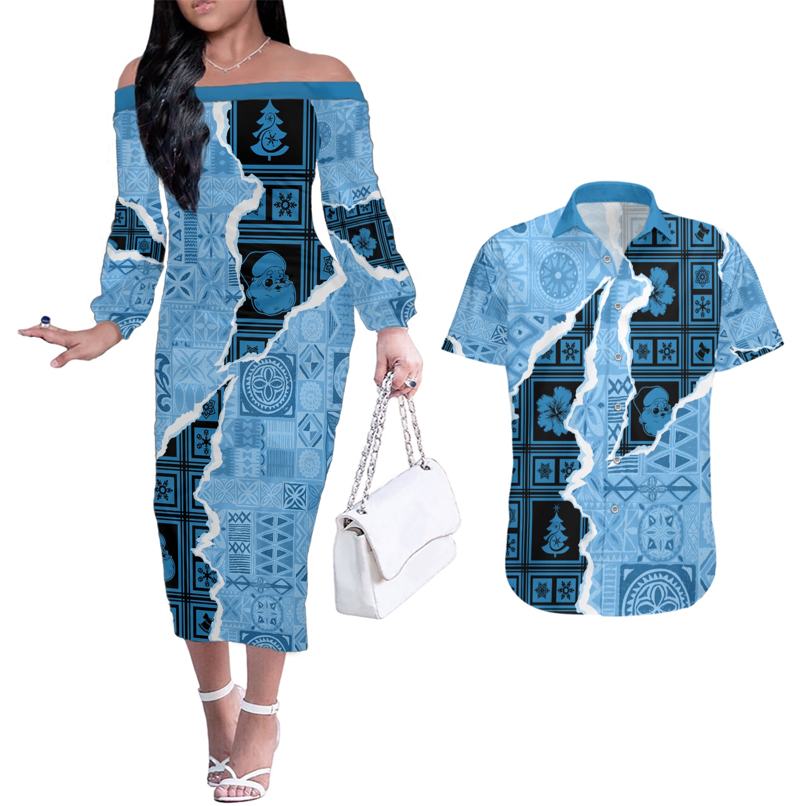 Bula Fiji Tapa Mix Christmas Couples Matching Off The Shoulder Long Sleeve Dress and Hawaiian Shirt Vintage Style LT7 Turquoise - Polynesian Pride