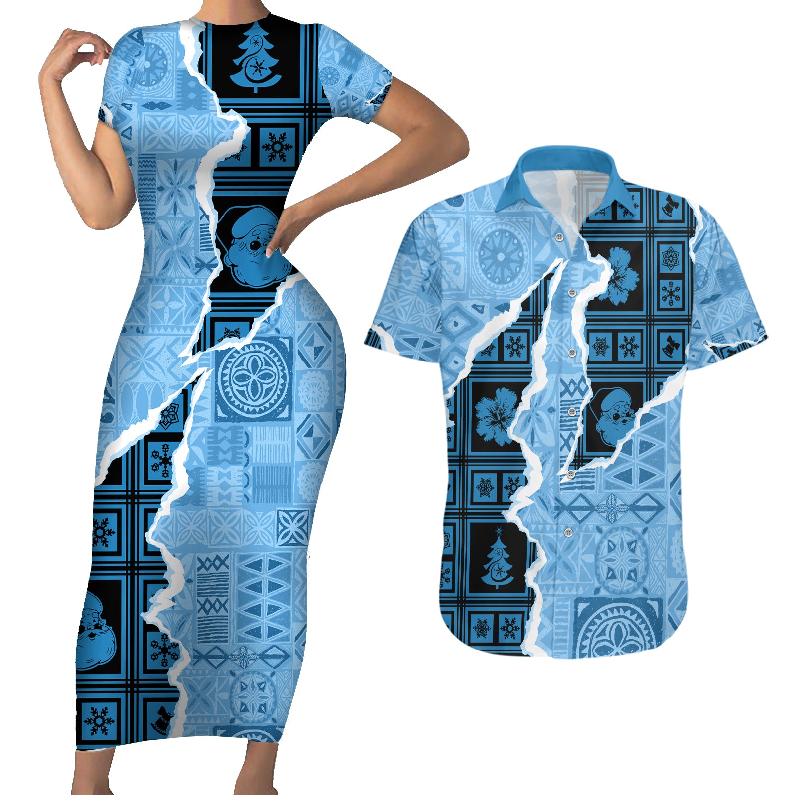 Bula Fiji Tapa Mix Christmas Couples Matching Short Sleeve Bodycon Dress and Hawaiian Shirt Vintage Style LT7 Turquoise - Polynesian Pride