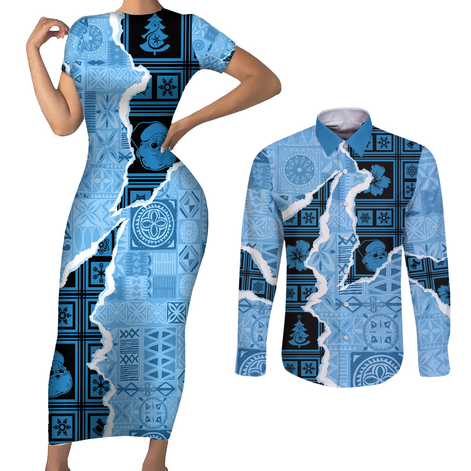 Bula Fiji Tapa Mix Christmas Couples Matching Short Sleeve Bodycon Dress and Long Sleeve Button Shirt Vintage Style LT7 Turquoise - Polynesian Pride