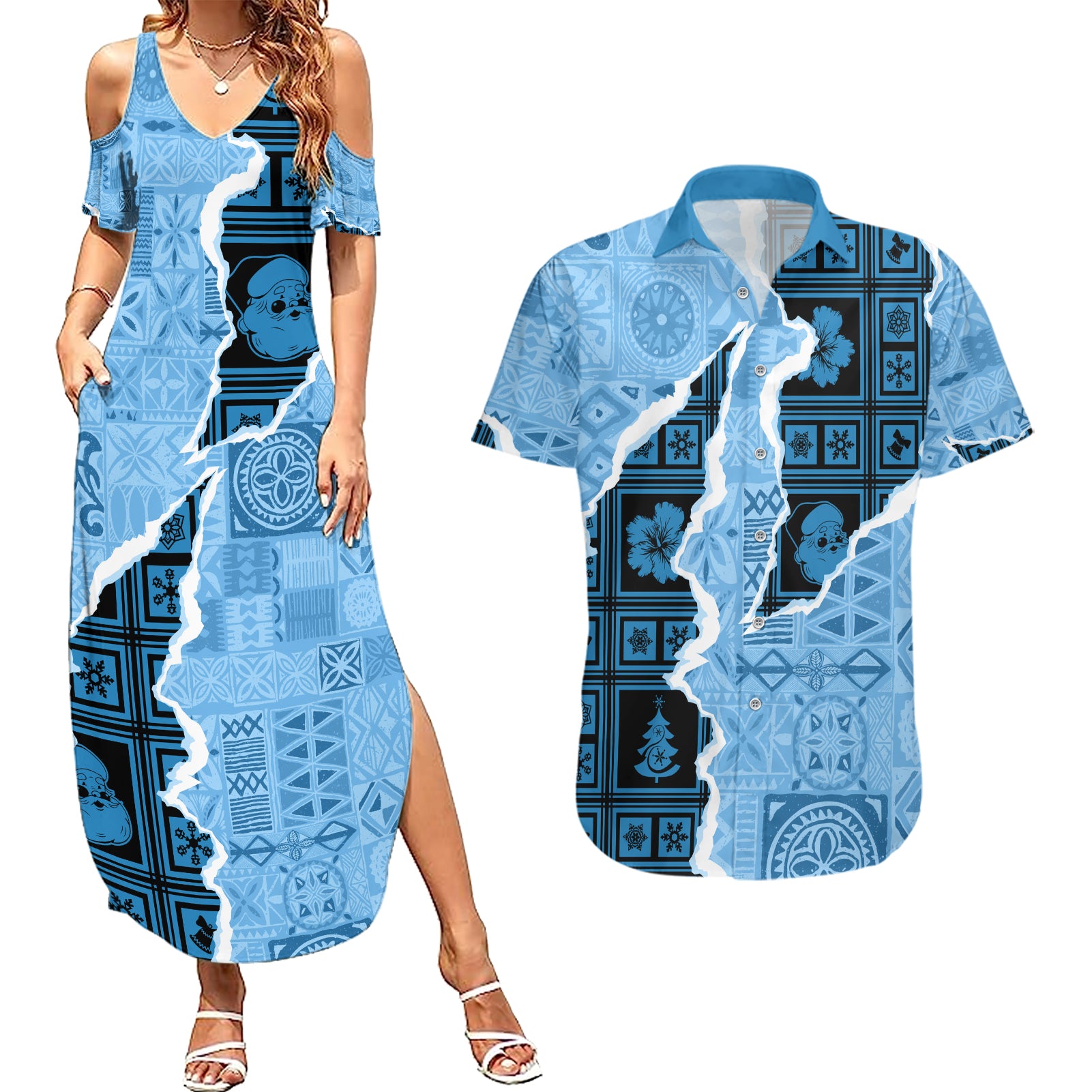 Bula Fiji Tapa Mix Christmas Couples Matching Summer Maxi Dress and Hawaiian Shirt Vintage Style LT7 Turquoise - Polynesian Pride