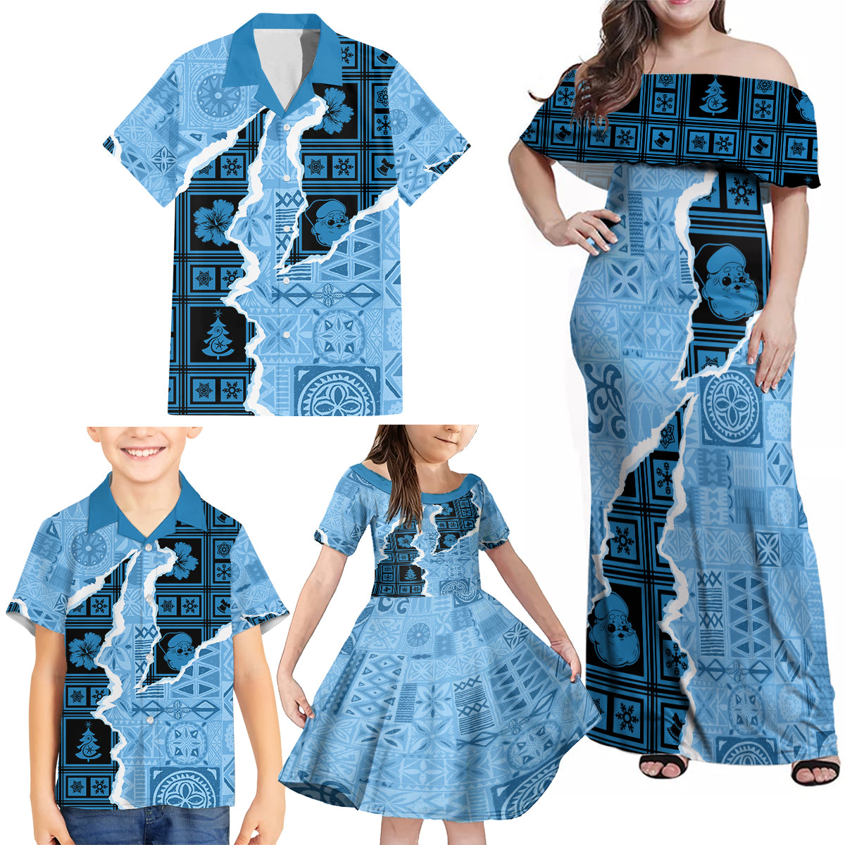 Bula Fiji Tapa Mix Christmas Family Matching Off Shoulder Maxi Dress and Hawaiian Shirt Vintage Style LT7 - Polynesian Pride