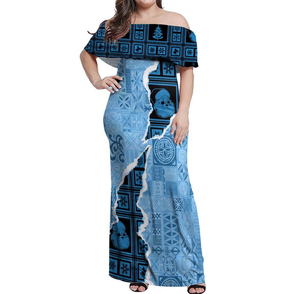 Bula Fiji Tapa Mix Christmas Off Shoulder Maxi Dress Vintage Style LT7 Women Turquoise - Polynesian Pride