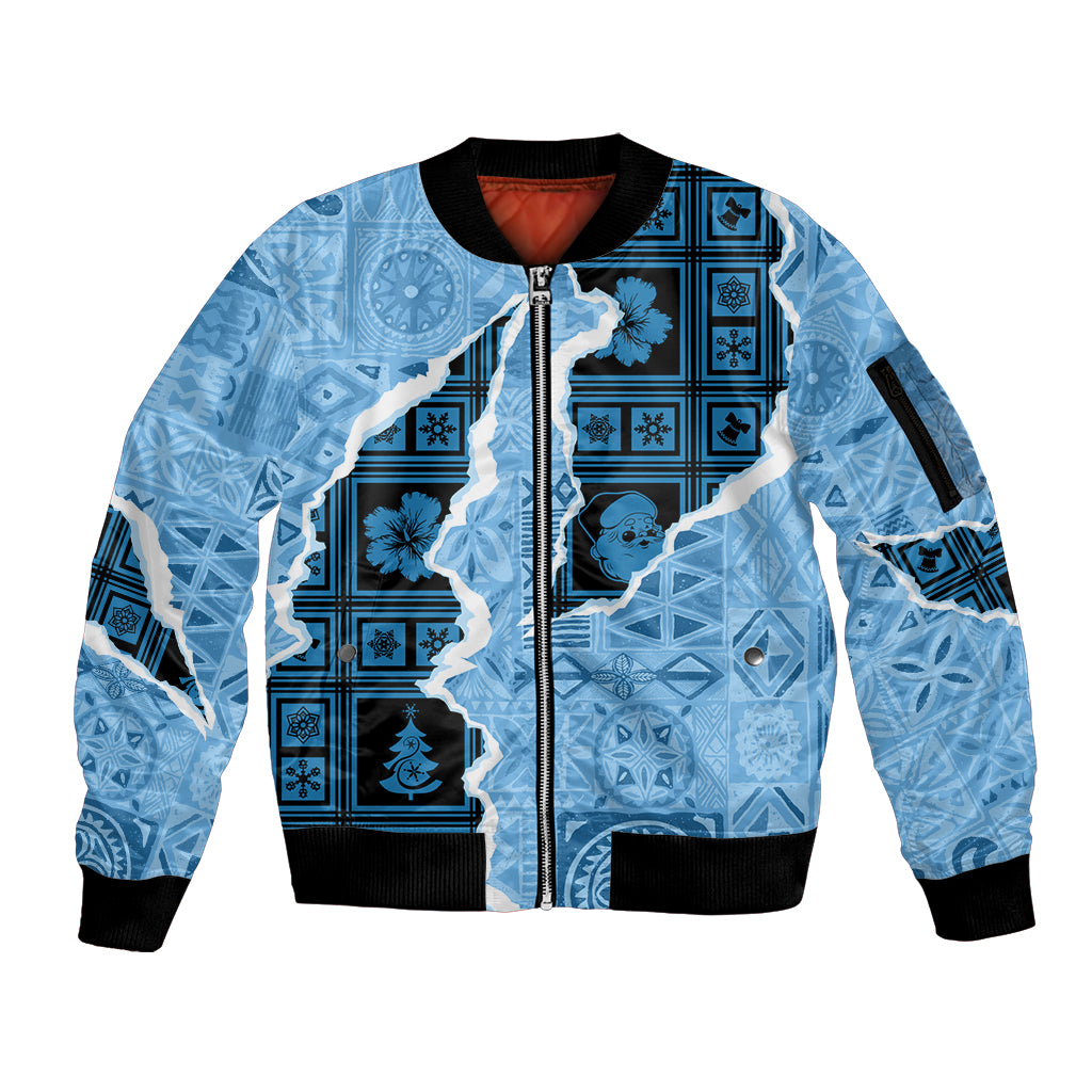 Bula Fiji Tapa Mix Christmas Sleeve Zip Bomber Jacket Vintage Style LT7 Unisex Turquoise - Polynesian Pride