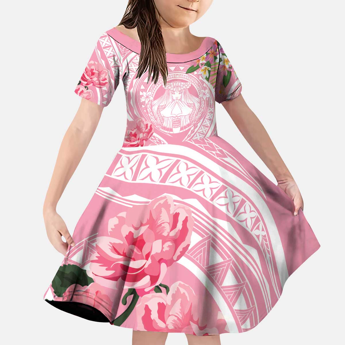 Aloha Hawaii Maui Kid Short Sleeve Dress Goddess Lokelani Rose LT7 KID Pink - Polynesian Pride