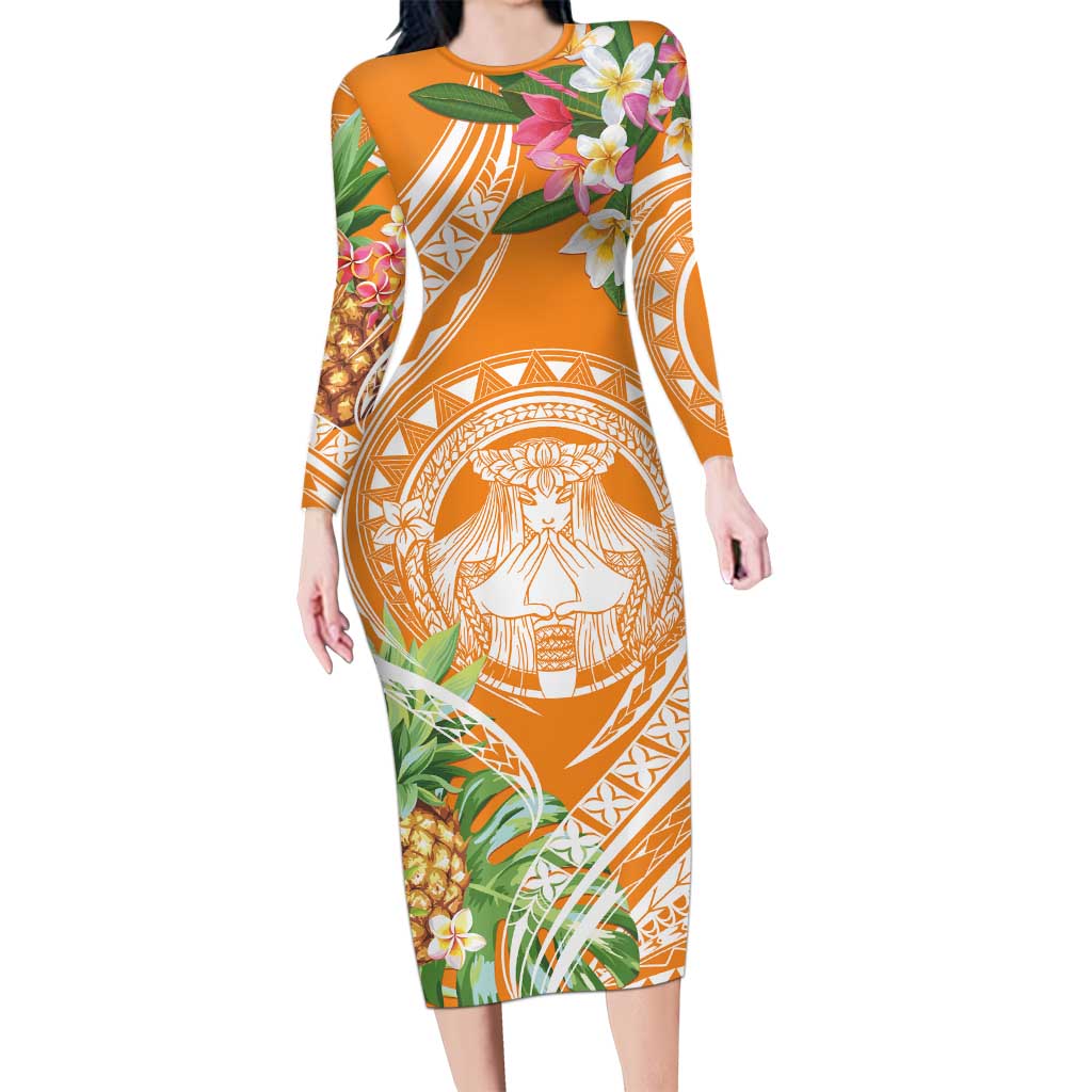 Aloha Hawaii Lanai Long Sleeve Bodycon Dress Frangipani Mix Pineapple LT7 Long Dress Orange - Polynesian Pride