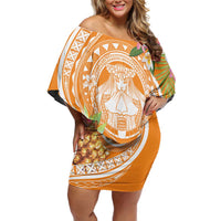Aloha Hawaii Lanai Off Shoulder Short Dress Frangipani Mix Pineapple LT7 Women Orange - Polynesian Pride