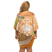 Aloha Hawaii Lanai Off Shoulder Short Dress Frangipani Mix Pineapple LT7 - Polynesian Pride