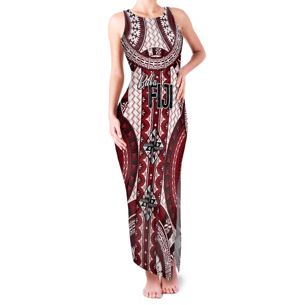 Bula Fiji Vintage Tank Maxi Dress Scarlet Masi Motifs LT7 Women Scarlet - Polynesian Pride