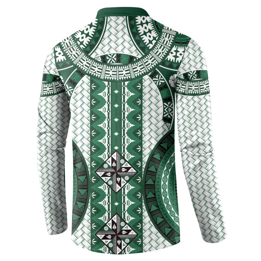 Bula Fiji Vintage Button Sweatshirt Phthalo Green Masi Motifs LT7 - Polynesian Pride