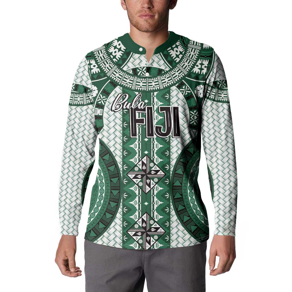 Bula Fiji Vintage Button Sweatshirt Phthalo Green Masi Motifs LT7 - Polynesian Pride