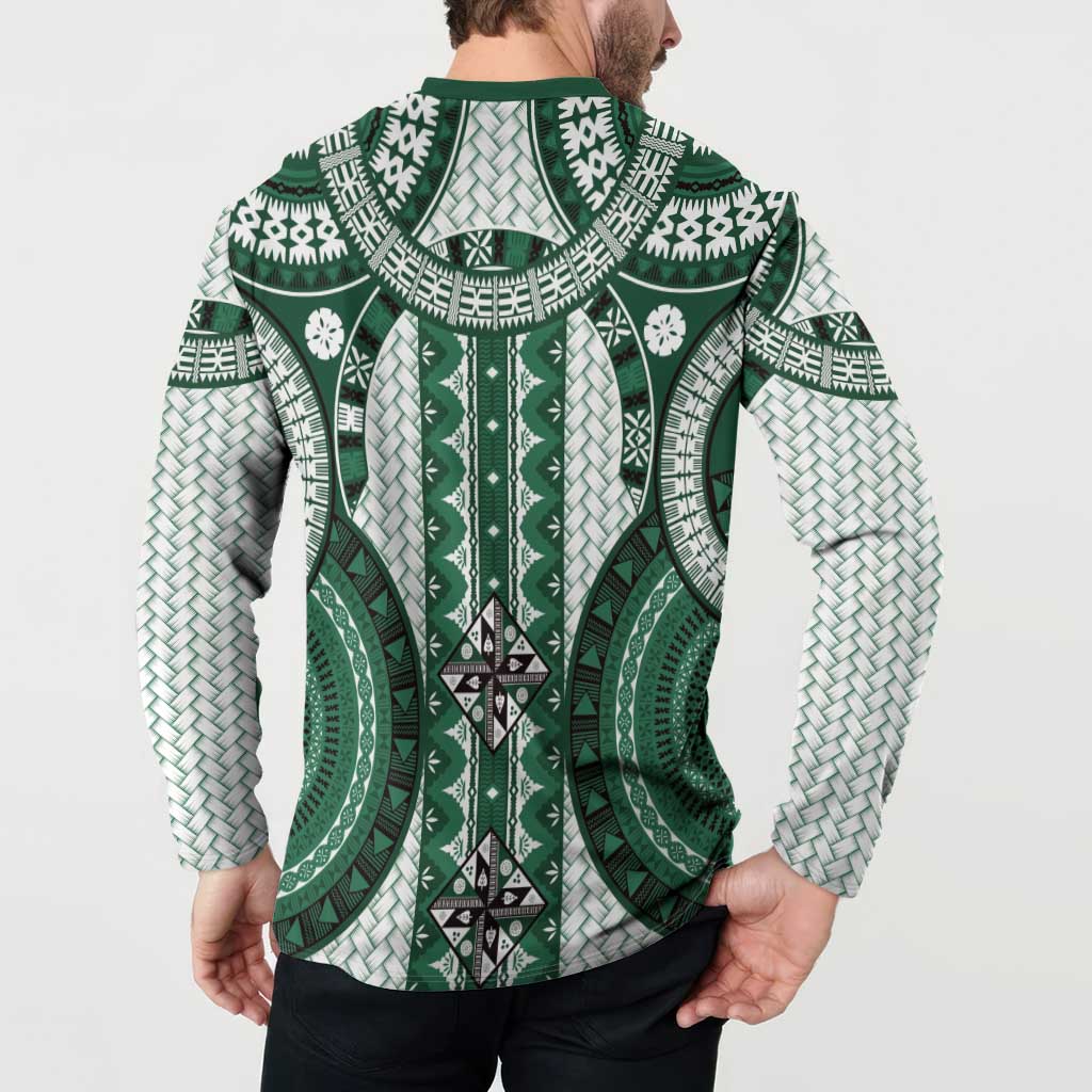 Bula Fiji Vintage Button Sweatshirt Phthalo Green Masi Motifs LT7 - Polynesian Pride