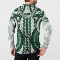 Bula Fiji Vintage Button Sweatshirt Phthalo Green Masi Motifs LT7 - Polynesian Pride