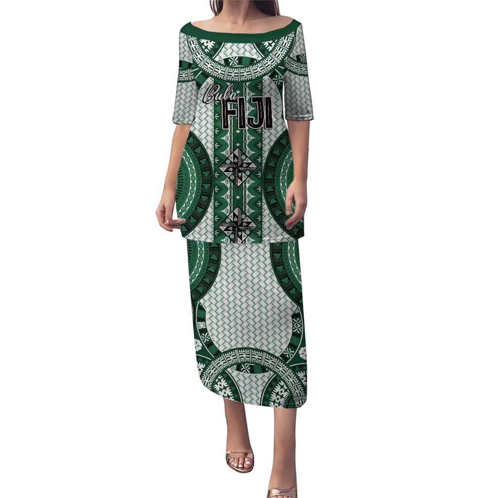 Bula Fiji Vintage Puletasi Phthalo Green Masi Motifs LT7 Long Dress Phthalo Green - Polynesian Pride