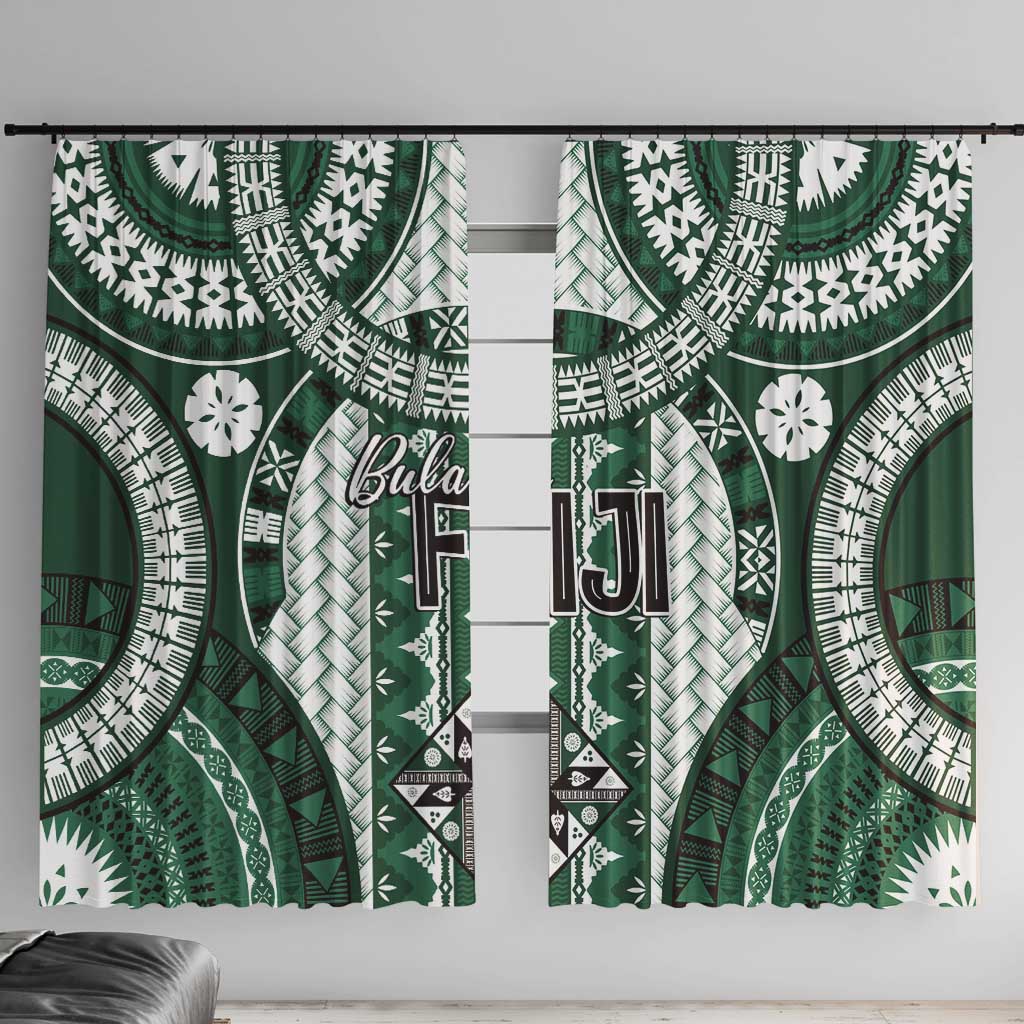 Bula Fiji Vintage Window Curtain Phthalo Green Masi Motifs LT7 With Hooks Phthalo Green - Polynesian Pride