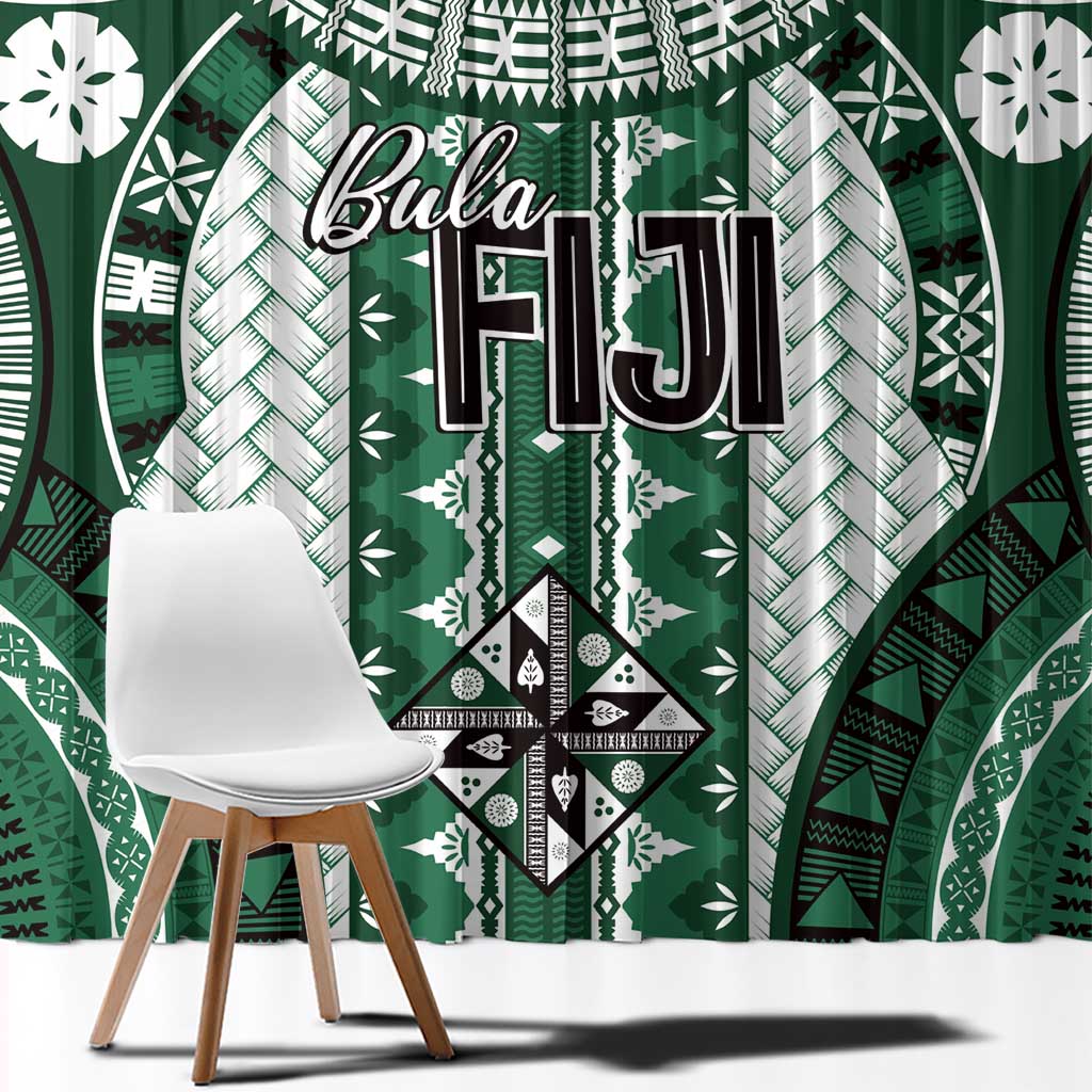 Bula Fiji Vintage Window Curtain Phthalo Green Masi Motifs LT7 - Polynesian Pride