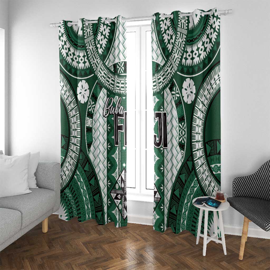 Bula Fiji Vintage Window Curtain Phthalo Green Masi Motifs LT7 With Grommets Phthalo Green - Polynesian Pride