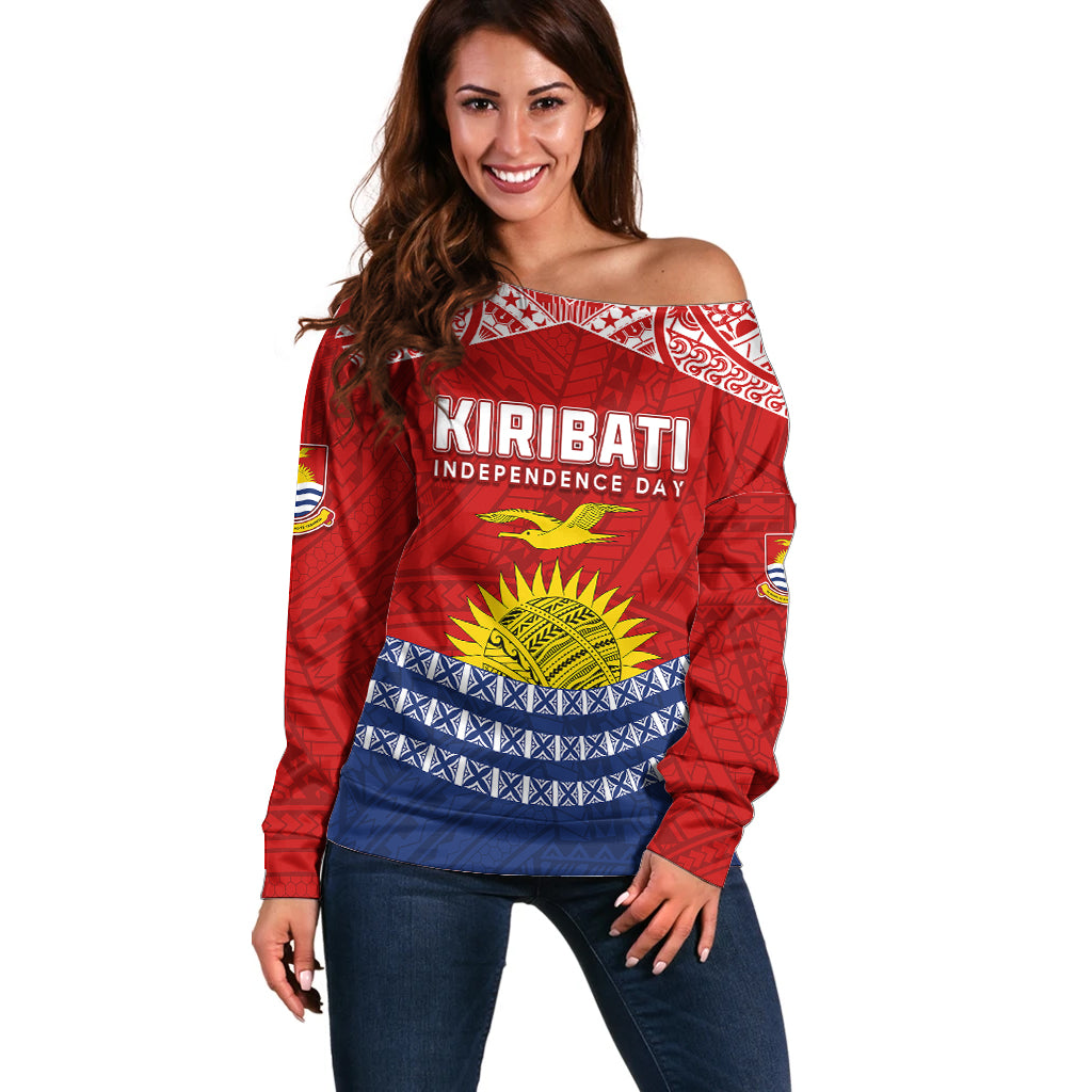 Personalised Kiribati Independence Day Off Shoulder Sweater Flag Style 44th Anniversary LT7 Women Red - Polynesian Pride